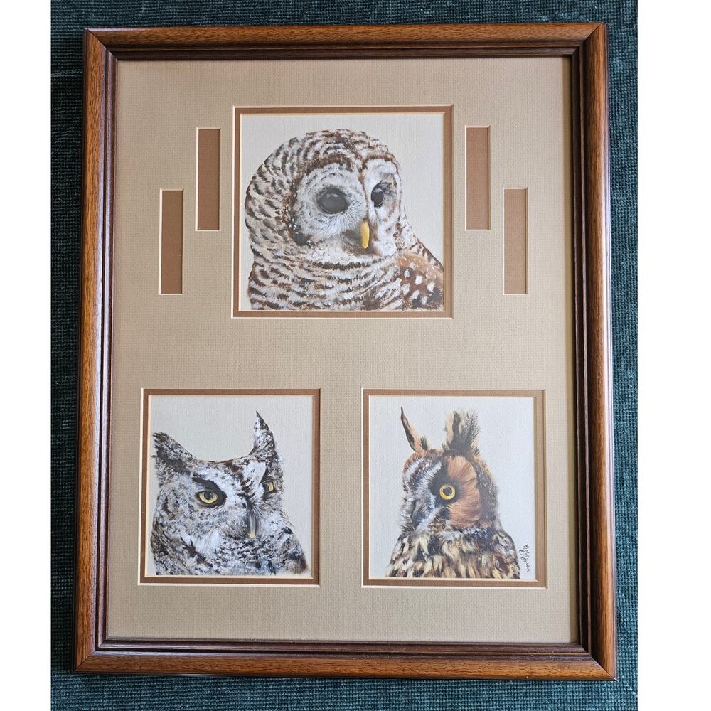 Vintage 1970s Framed Three Owl Art Print Woodland Wall Decor